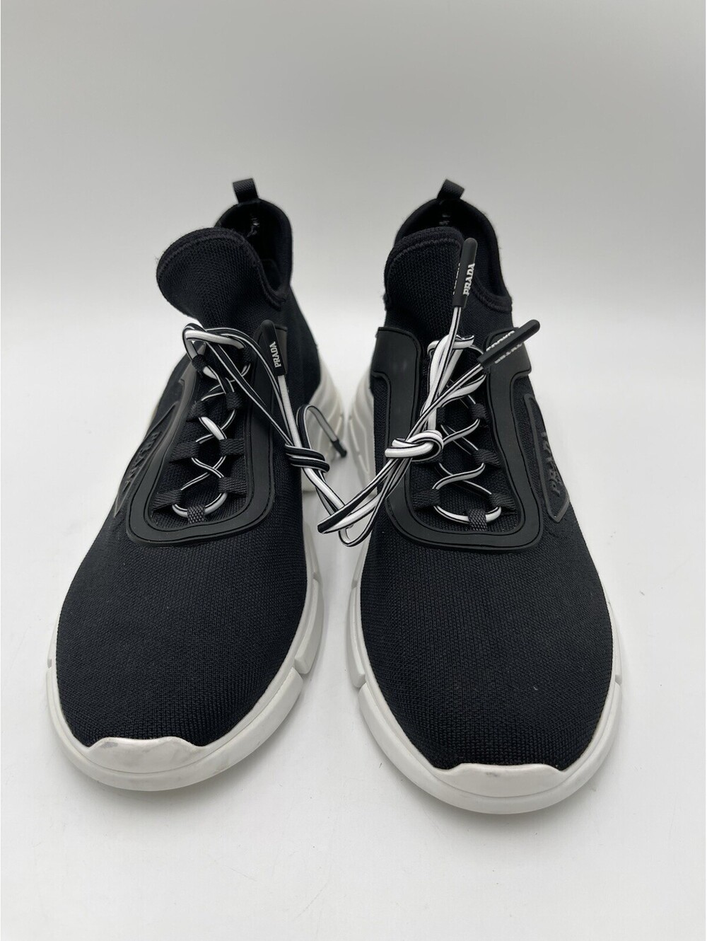 Women’s Prada Knit Lace Up Black Trainer Sneakers Shoes Black White Size 38.5 - Picture 2 of 6